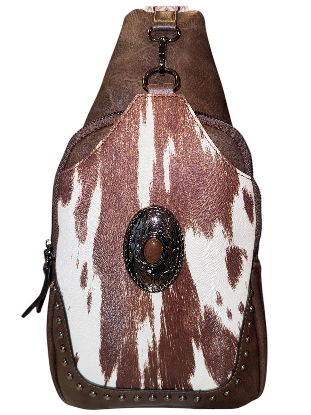 Brown and White Cowhide Crossbody Sling Bag
